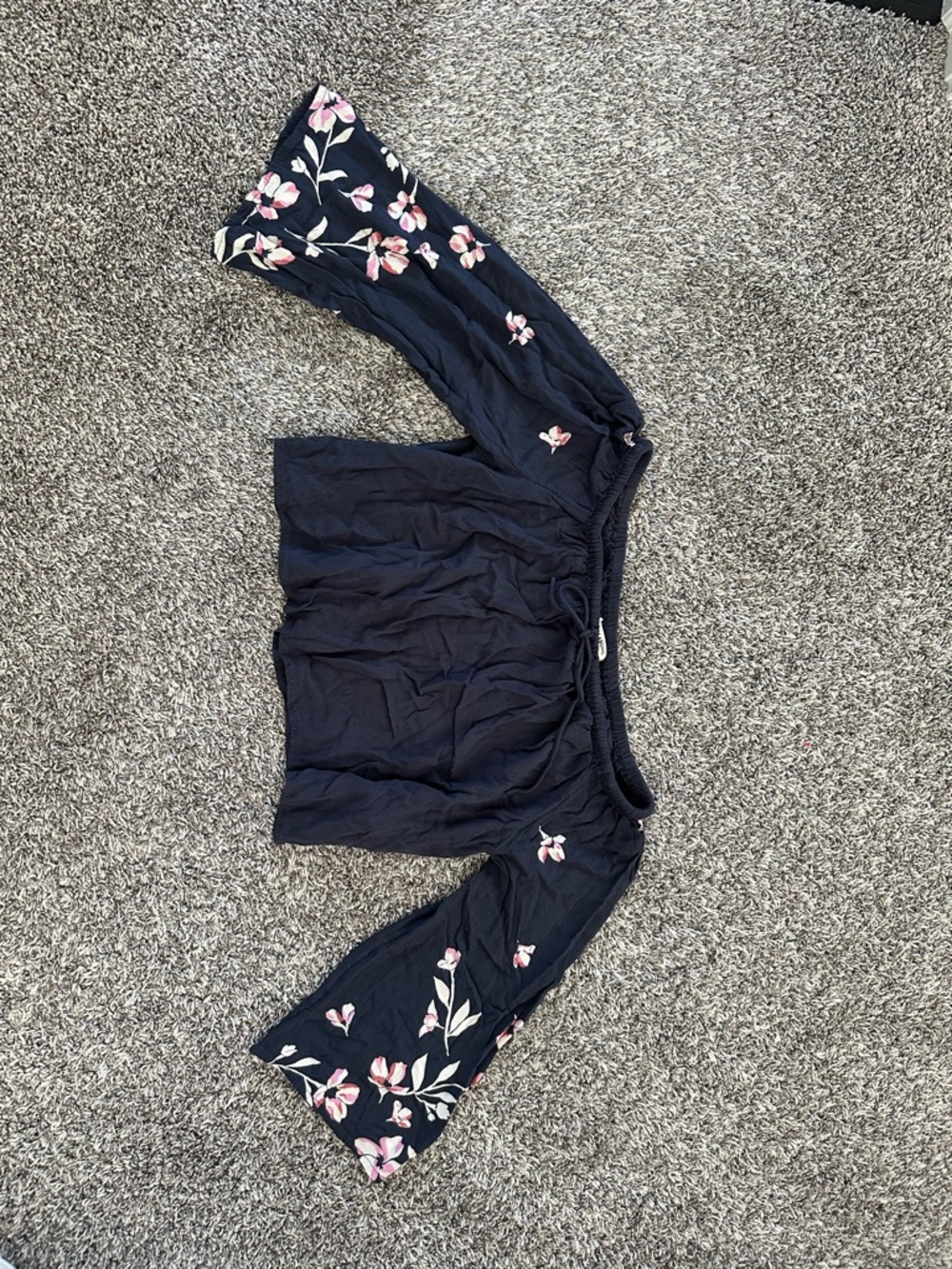 Billabong Navy Blue Off-Shoulder Crop Top with Pink Floral Trim